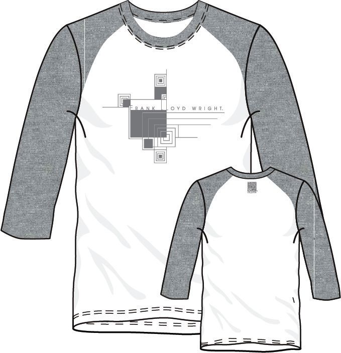 A raglan sleeve t-shirt with a geometric pattern in heather gray and white colors featuring Frank Lloyd Wright's design.
