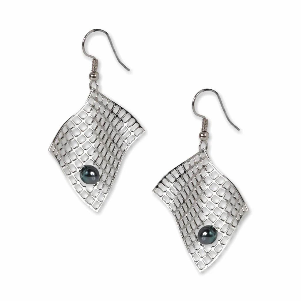 Silver earrings with textured design and dark gemstones on a white background