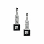 A pair of silver-colored earrings with black enamel and crystal bead details, designed in a geometric art deco style.