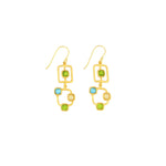 Gold earrings with colorful square and circle designs on a white background