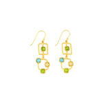 Gold earrings with colorful square and circle designs on a white background