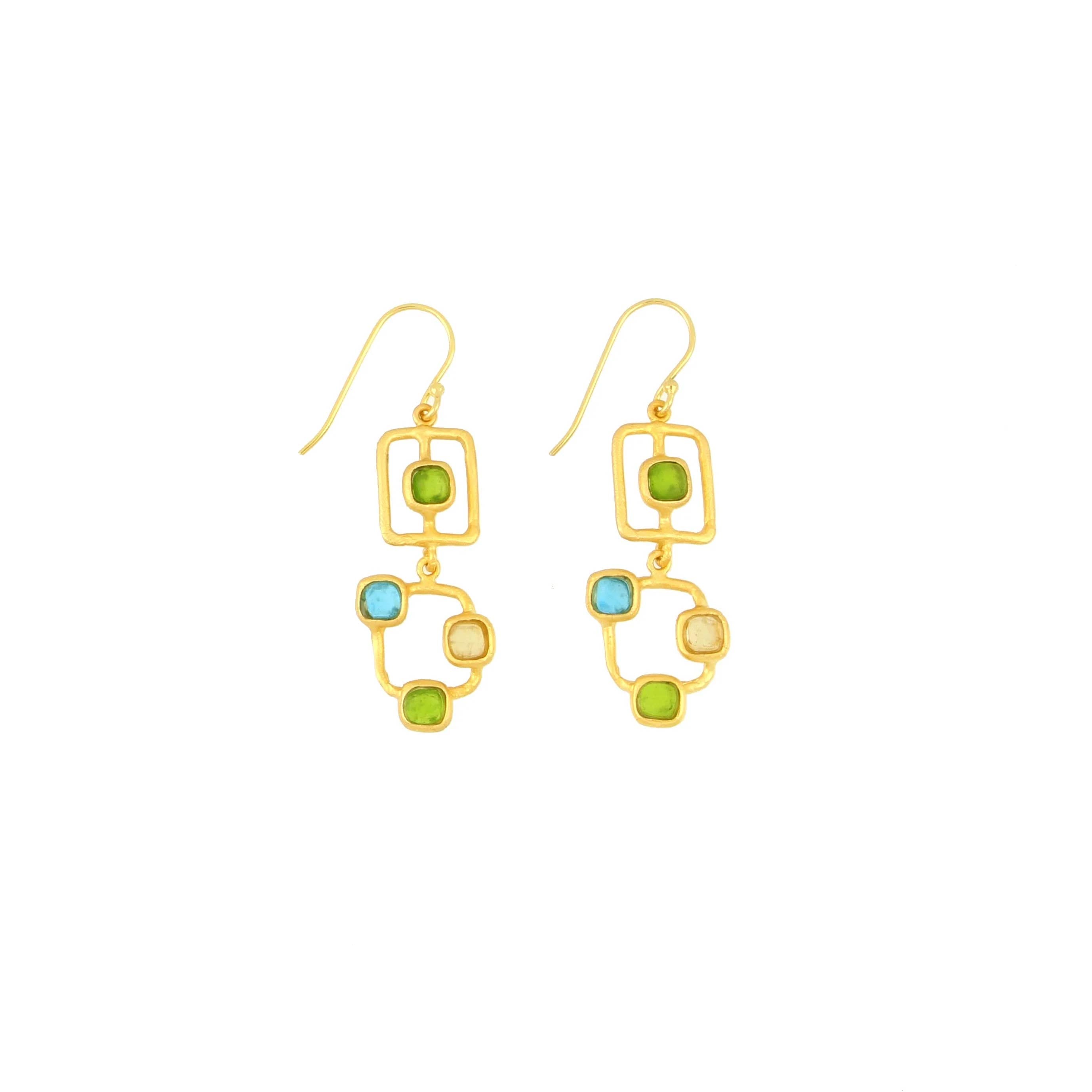 Gold earrings with colorful square and circle designs on a white background