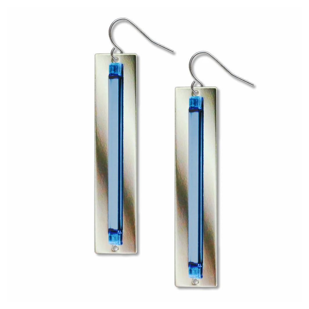 Silver earrings with blue rectangular stones on a white background