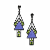 A pair of drop earrings featuring geometric designs with a hematite finish, pale green beads, and twilight blue enamel.