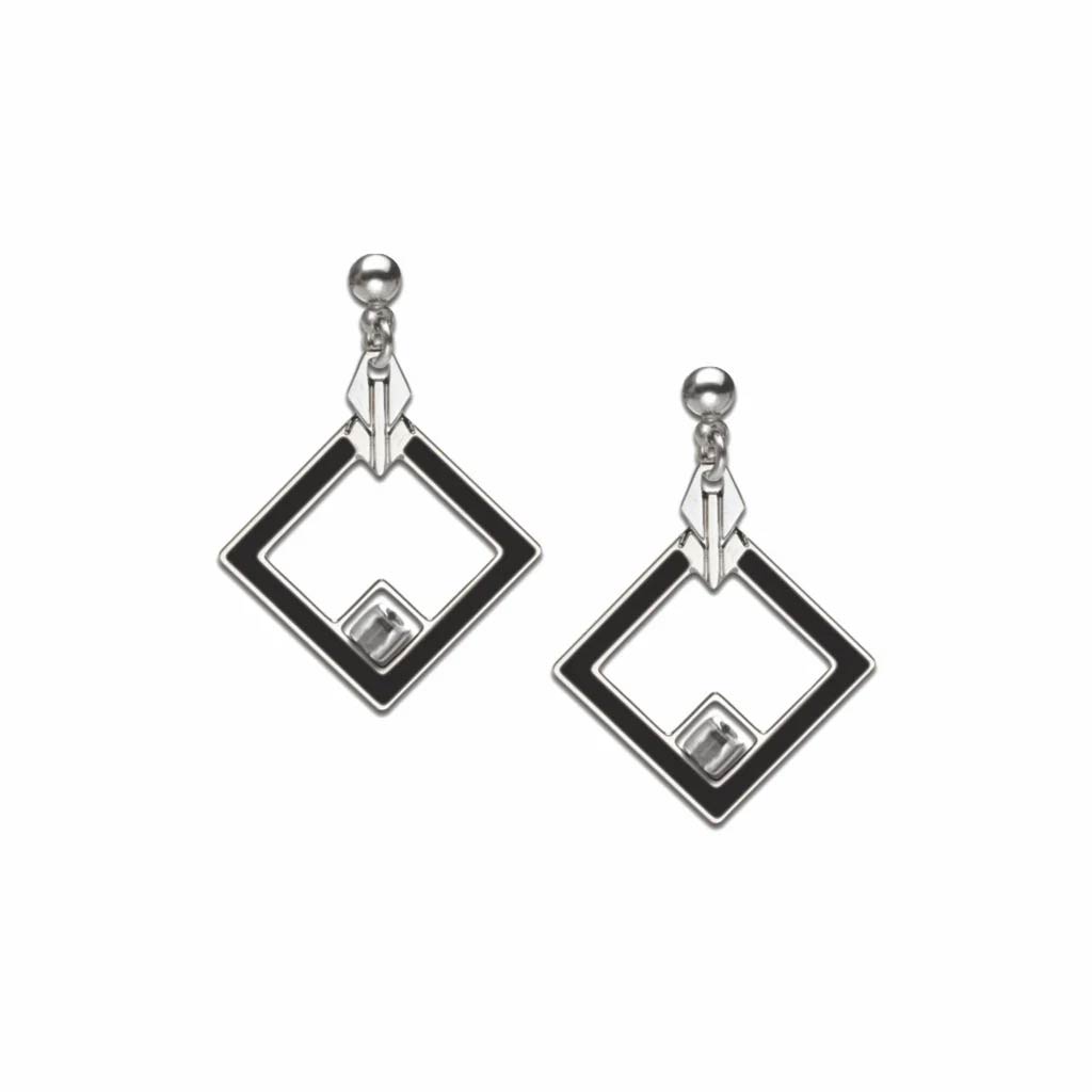 Pair of square-shaped earrings with a central gemstone on a white background