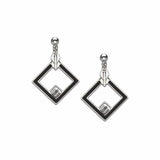 Pair of square-shaped earrings with a central gemstone on a white background