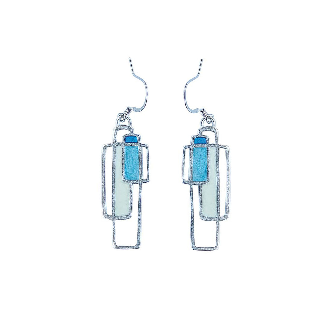 A pair of pewter earrings with a geometric design featuring blue and white colors, attached to silver hooks.