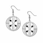 A pair of silver-colored earrings featuring a geometric pattern based on an elevator door design, with small black accents and clear glass beads.