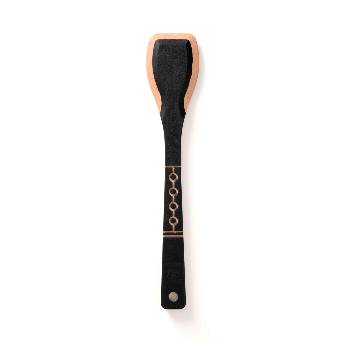 A black wooden serving paddle with a decorative gold pattern on the handle.