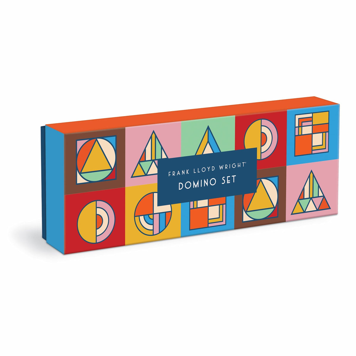 A colorful box of Frank Lloyd Wright Wood Domino Set featuring double-sided wood dominoes with geometric patterns.
