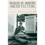 Book cover of 'Makers of Modern Architecture' by Martin Filler with a black and white photo of Frank Lloyd Wright.