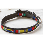 Dog collar with colorful square pattern on a white background
