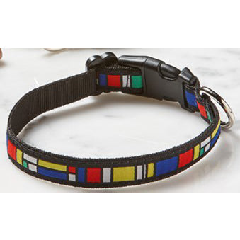 Dog collar with colorful square pattern on a white background