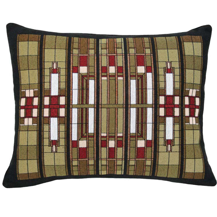 A rectangular lumbar pillow with a geometric pattern inspired by Louis Henry Sullivan's window design.
