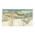 A reproduction print of Wright's original drawing for Fallingwater, featuring an artistic depiction of the building amidst a natural setting.