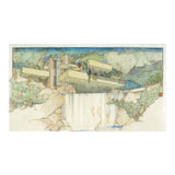 A reproduction print of Wright's original drawing for Fallingwater, featuring an artistic depiction of the building amidst a natural setting.
