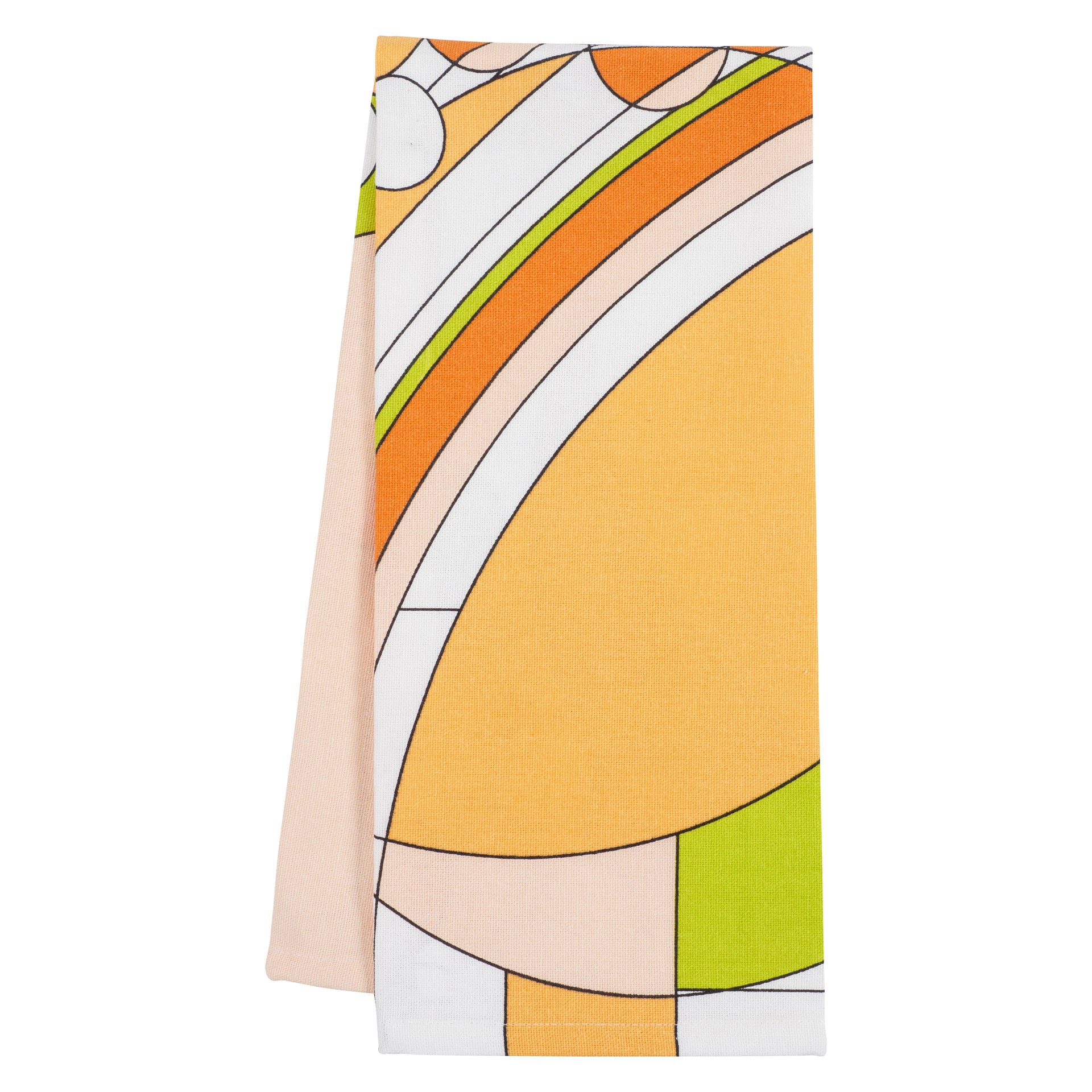 Folded multicolored cotton tea towel with a geometric pattern inspired by Frank Lloyd Wright's work.
