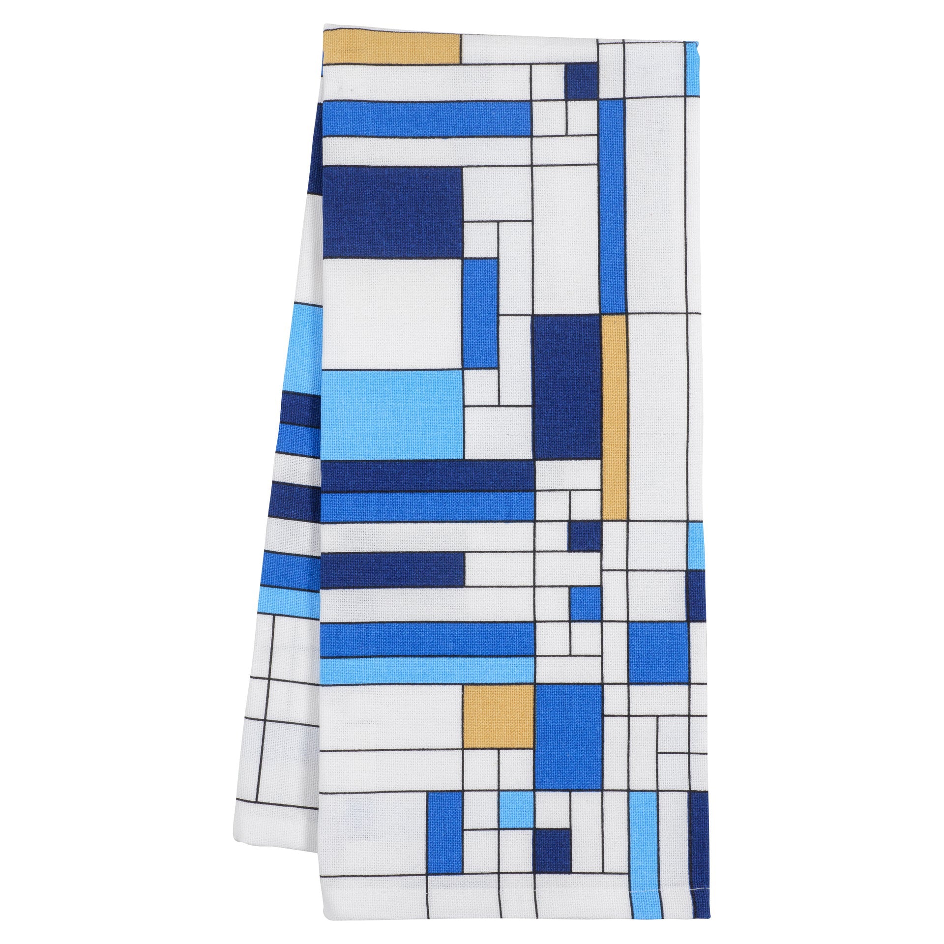 A folded 100% cotton tea towel with a geometric pattern in blue, white, and other colors, inspired by Frank Lloyd Wright's work.