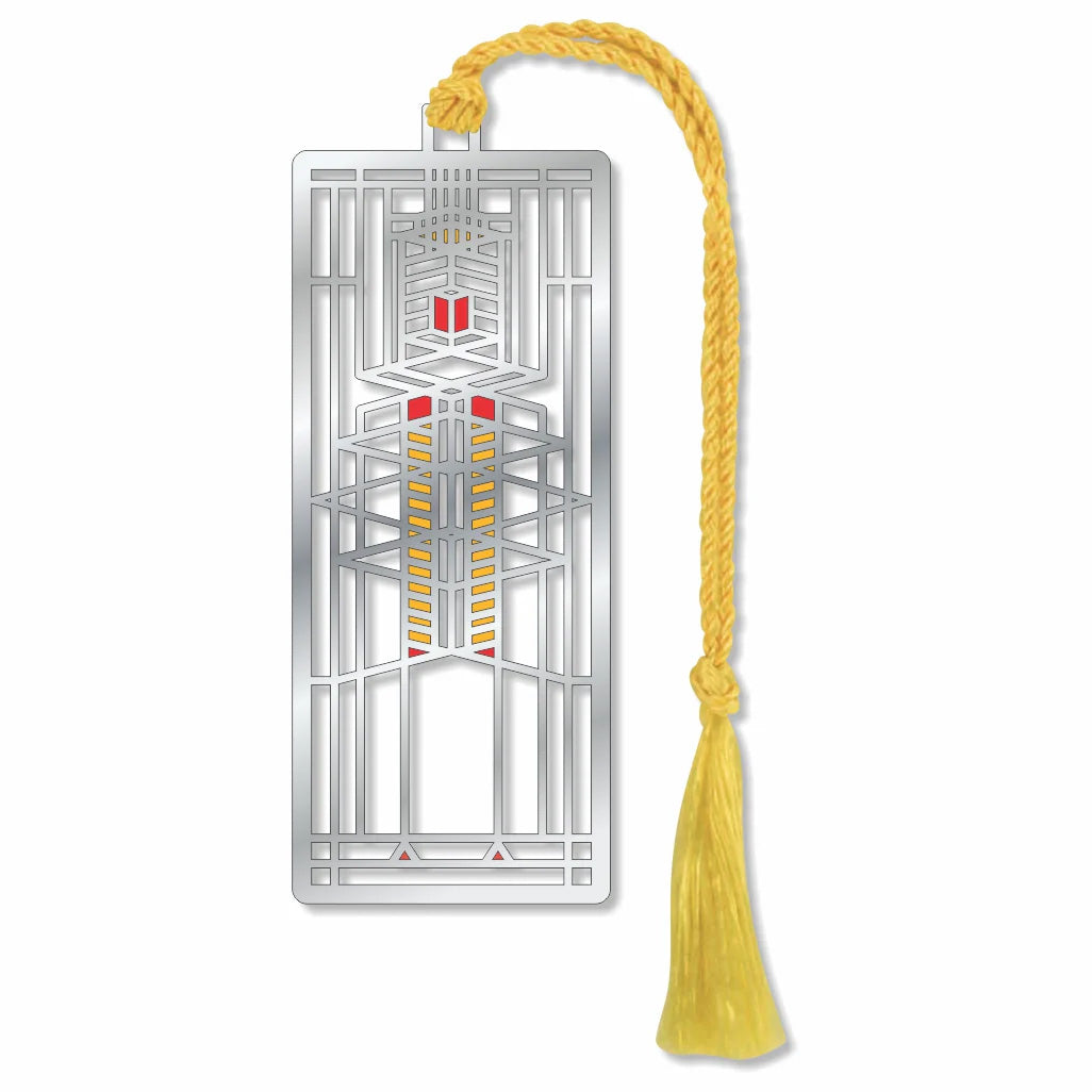 Decorative bookmark with geometric design and yellow tassel on a white background