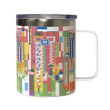 A colorful travel mug with a geometric pattern inspired by Frank Lloyd Wright's Saguaro Forms design.