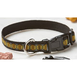 A black pet collar with a woven fabric Prairie design, featuring a side release buckle, slide adjuster, and a D-ring for attaching a leash.