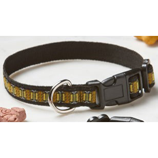 A black pet collar with a woven fabric Prairie design, featuring a side release buckle, slide adjuster, and a D-ring for attaching a leash.