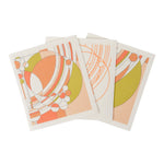 Three multicolored Swedish dish cloths with geometric patterns.