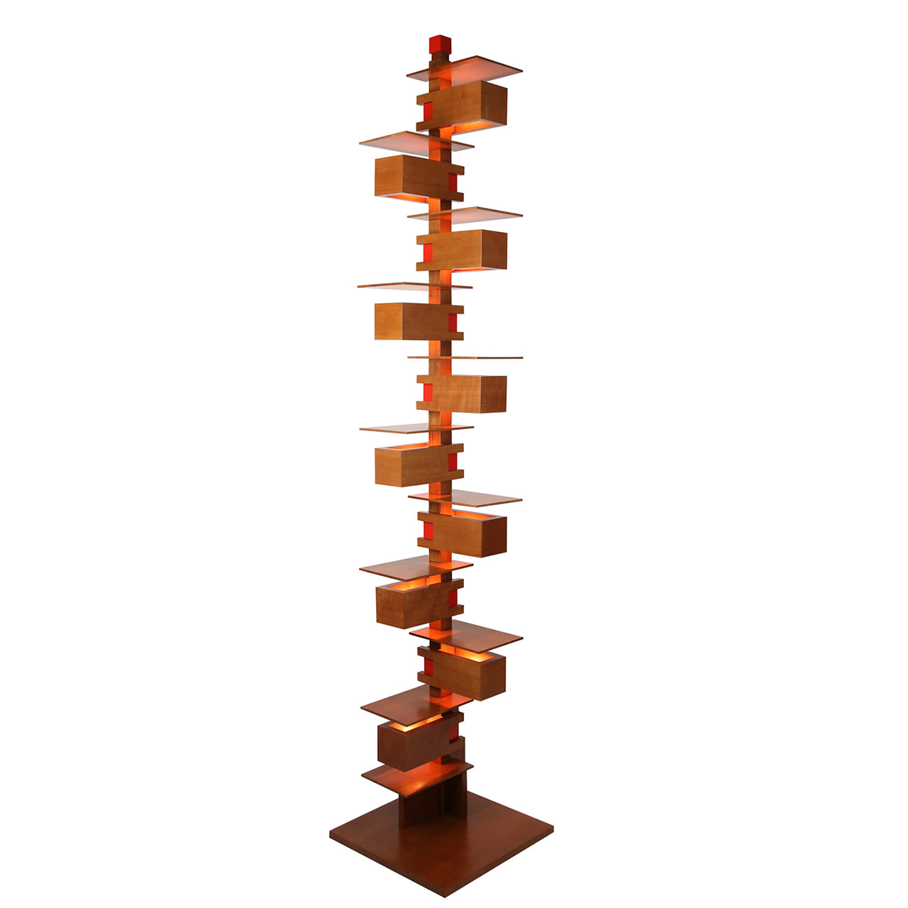 A dramatic floor lamp with cherry wood blocks climbing around a central column, featuring multiple incandescent bulbs.
