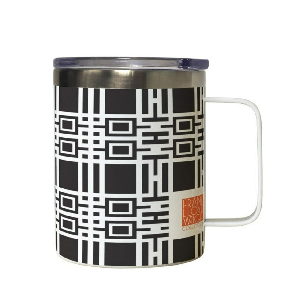 A black and white geometric pattern travel mug with a handle and a lid, featuring the Midway Gardens logo.