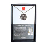 Tree of Life pendant necklace on a display card with text and branding.