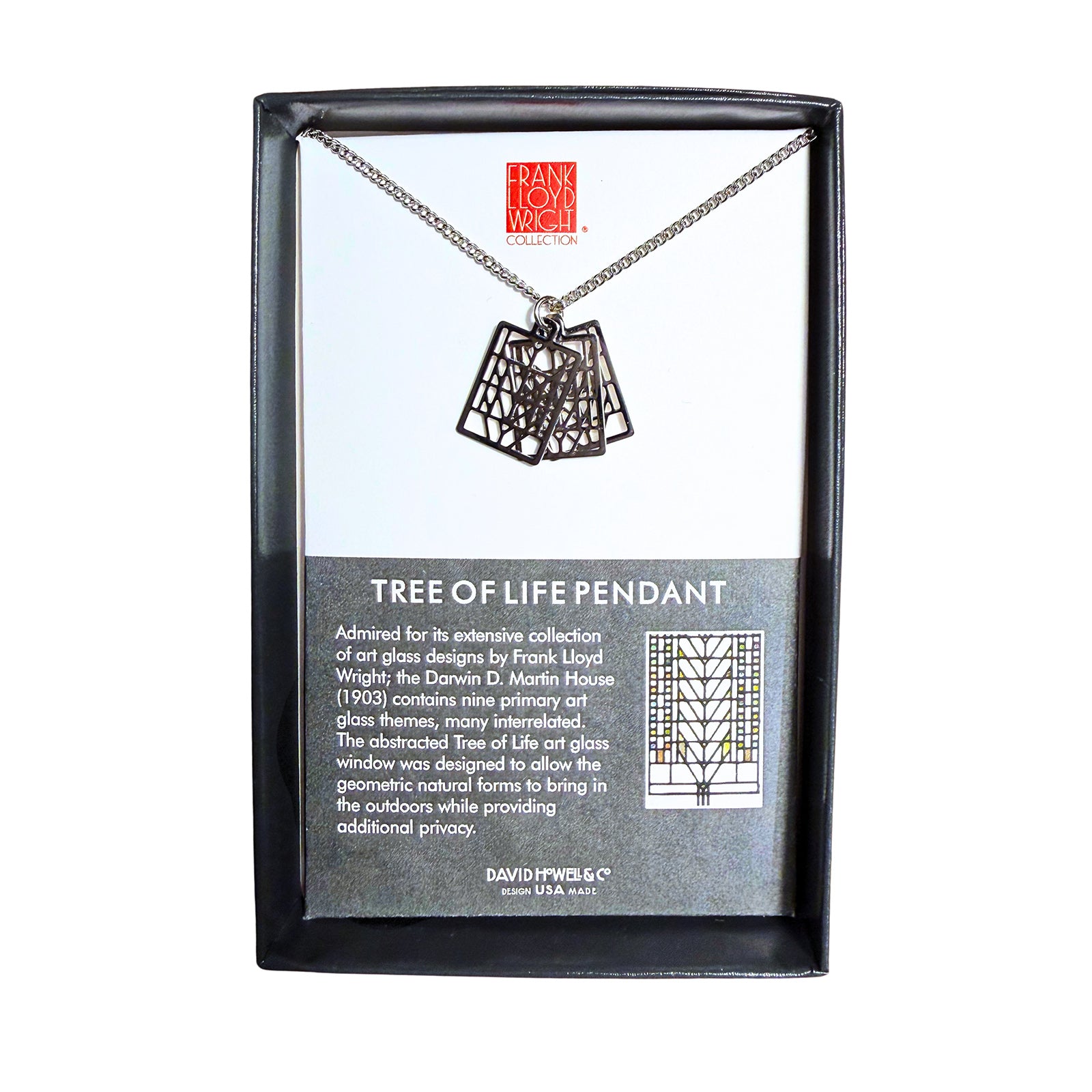 Tree of Life pendant necklace on a display card with text and branding.
