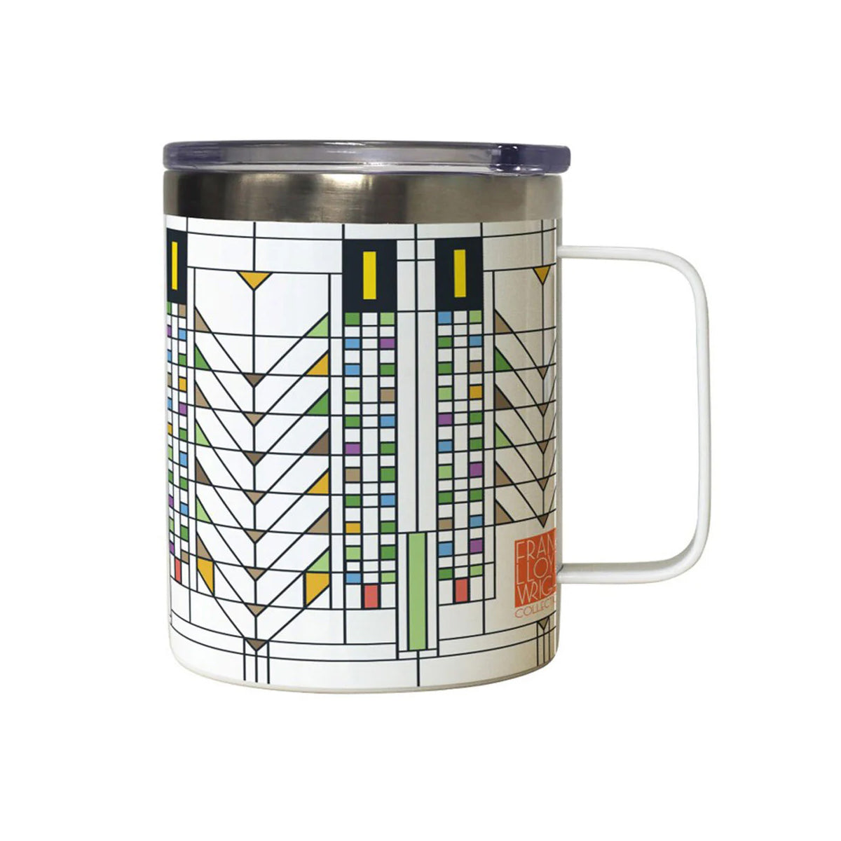 A ceramic mug with a geometric pattern featuring predominantly beige, white, and black colors, with a stainless steel lid.