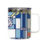 A ceramic mug with a geometric pattern featuring waterlilies designed by Frank Lloyd Wright.