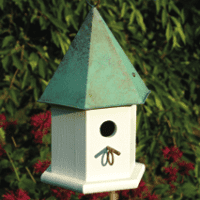 Copper Songbird  - White / Vedigris Patina Roof - Birdhouse.