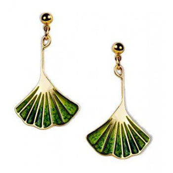 Earrings - Ginkgo Leaf Light and Dark Green Enamel