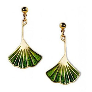 Earrings - Ginkgo Leaf Light and Dark Green Enamel