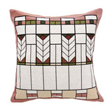 A square throw pillow with a geometric pattern inspired by Prairie style architecture, featuring a poly/cotton/acrylic blend front and a cotton back, in multiple colors including pink, white, green, brown, and beige.