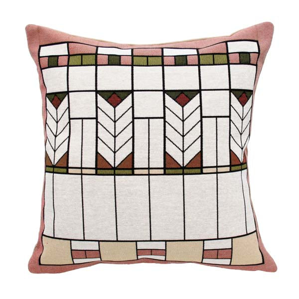 A square throw pillow with a geometric pattern inspired by Prairie style architecture, featuring a poly/cotton/acrylic blend front and a cotton back, in multiple colors including pink, white, green, brown, and beige.