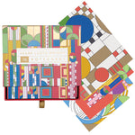 A colorful geometric patterned notecard set displayed alongside its packaging which features the name 'Wright' and '16 notecards'.