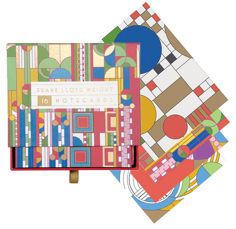 A colorful geometric patterned notecard set displayed alongside its packaging which features the name 'Wright' and '16 notecards'.