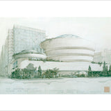 Artwork depicting the Guggenheim Museum, ink and color pencil on tracing paper, 8 x 10 inches.