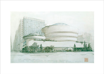 Artwork depicting the Guggenheim Museum, ink and color pencil on tracing paper, 8 x 10 inches.