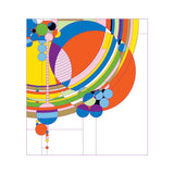 A colorful abstract print featuring geometric shapes and balloon-like figures, predominantly red, blue, and yellow.