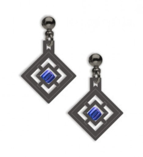 A pair of drop earrings with a geometric window design featuring a central blue square bead, made of solid brass with a hematite finish, and glass beads.
