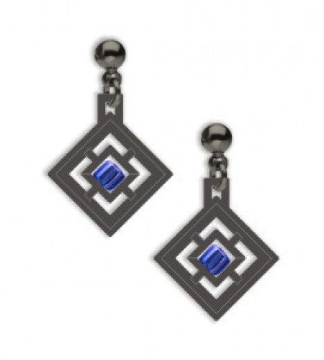 A pair of drop earrings with a geometric window design featuring a central blue square bead, made of solid brass with a hematite finish, and glass beads.