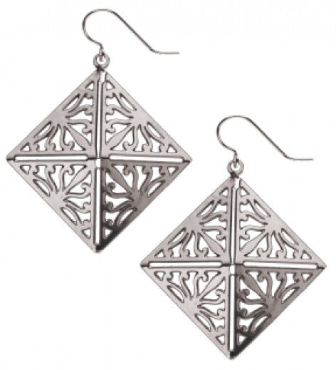 A pair of silver-colored wrought iron earrings with a stylized acanthus leaf design.
