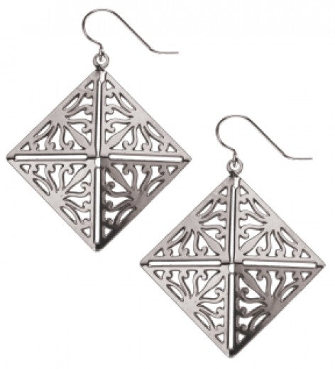 A pair of silver-colored wrought iron earrings with a stylized acanthus leaf design.