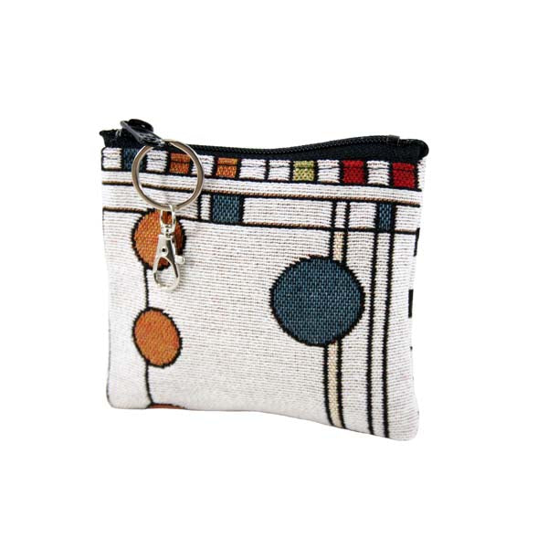 A multicolored geometric-patterned coin purse with a zipper and a key ring attached to it.