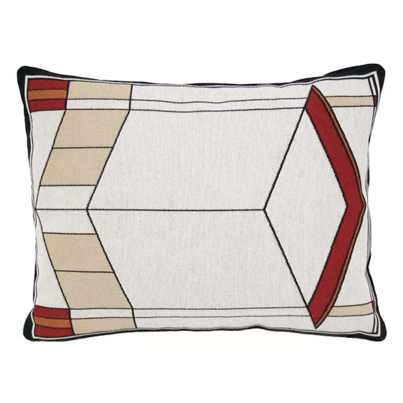 A rectangular lumbar pillow with a geometric pattern featuring beige, gray, red, and black colors. 