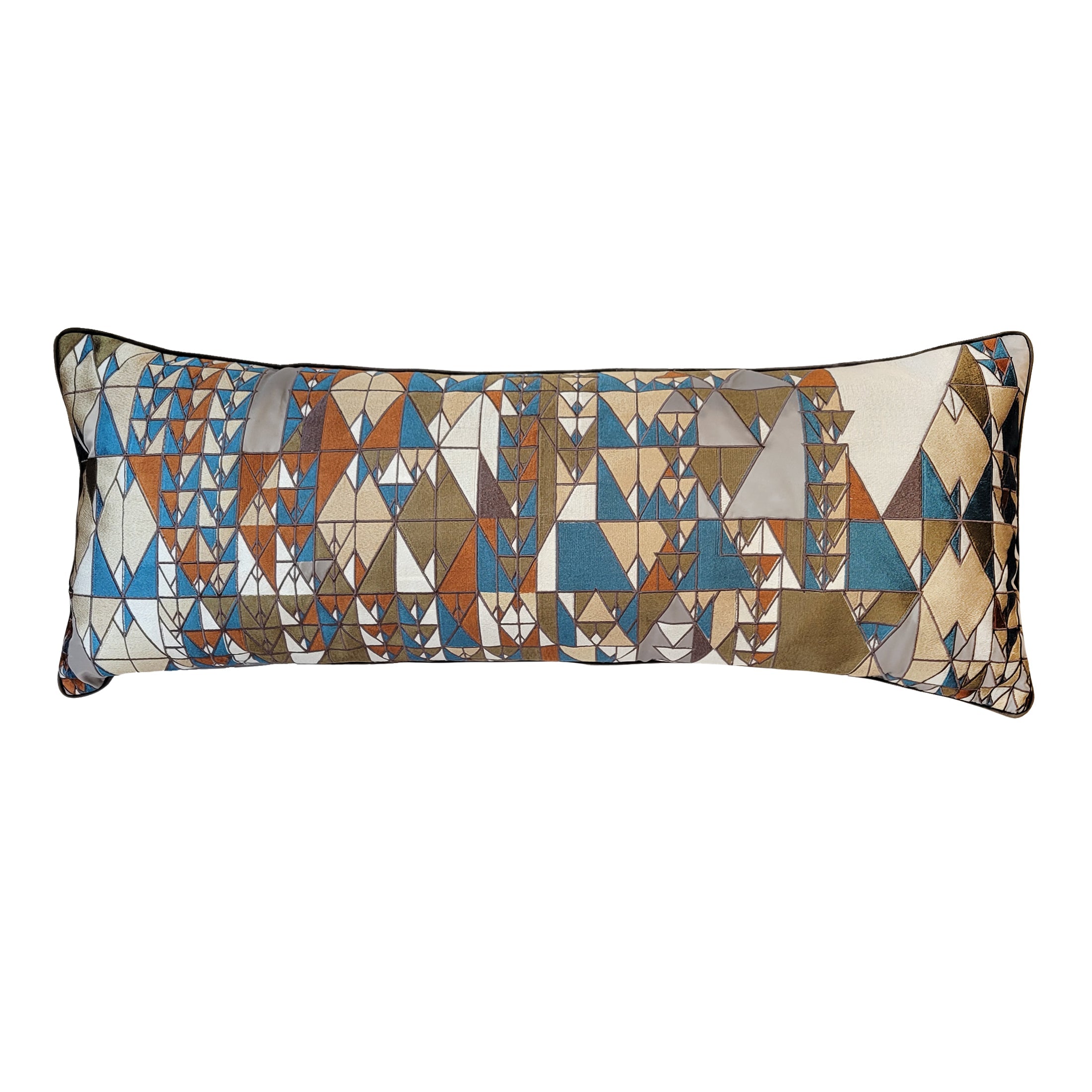 A rectangular throw pillow featuring a geometric pattern with a variety of colors including gray, blue, and beige.